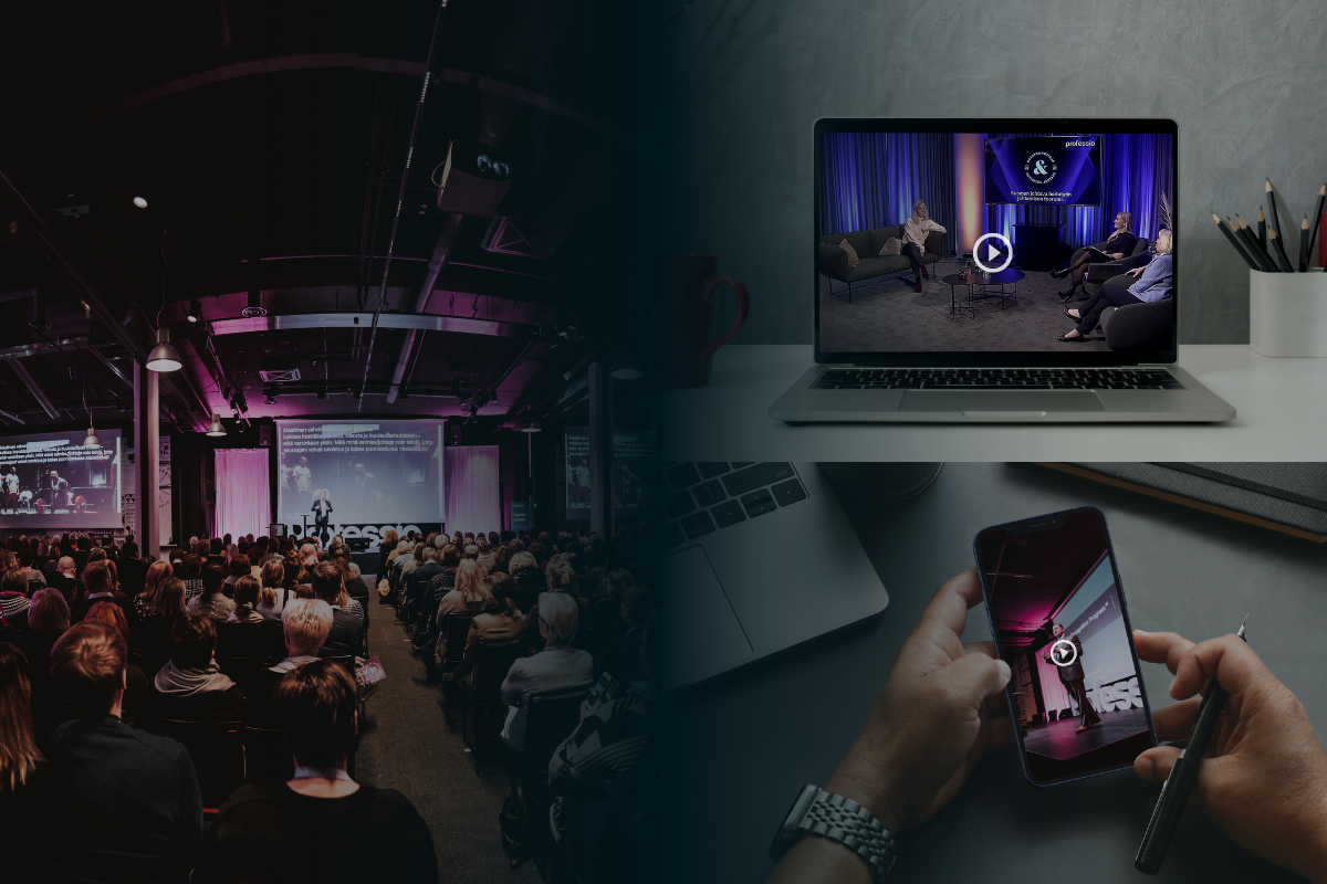 Yleisö kuuntelee Profession hybriditapahtumassa esiintyjää lavalla, kannettavassa tietokoneessa ja älypuhelimessa näkyy videohaastatteluja.