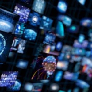 digitaalinen verkko, jossa on useita ruutuja kellumassa kolmiulotteisessa tilassa. Keskellä on suuri "AI" -logo, joka symboloi tekoälyä. Taustalla on verkkomainen kuvio ja ruuduissa dataan ja teknologiaan liittyviä grafiikoita.