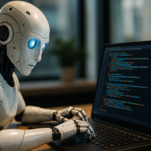 Humanoidirobotti, jolla on valkoinen, sileäpintainen ulkokuori ja hehkuvat siniset silmät, kirjoittaa keskittyneesti koodia kannettavalla tietokoneella modernissa toimistoympäristössä. Läppärin näytöllä näkyy värikoodattua ohjelmointikoodia, ja taustalla erottuu hämärästi huonekasvi sekä suuria ikkunoita, joista kajastuu luonnonvalo.